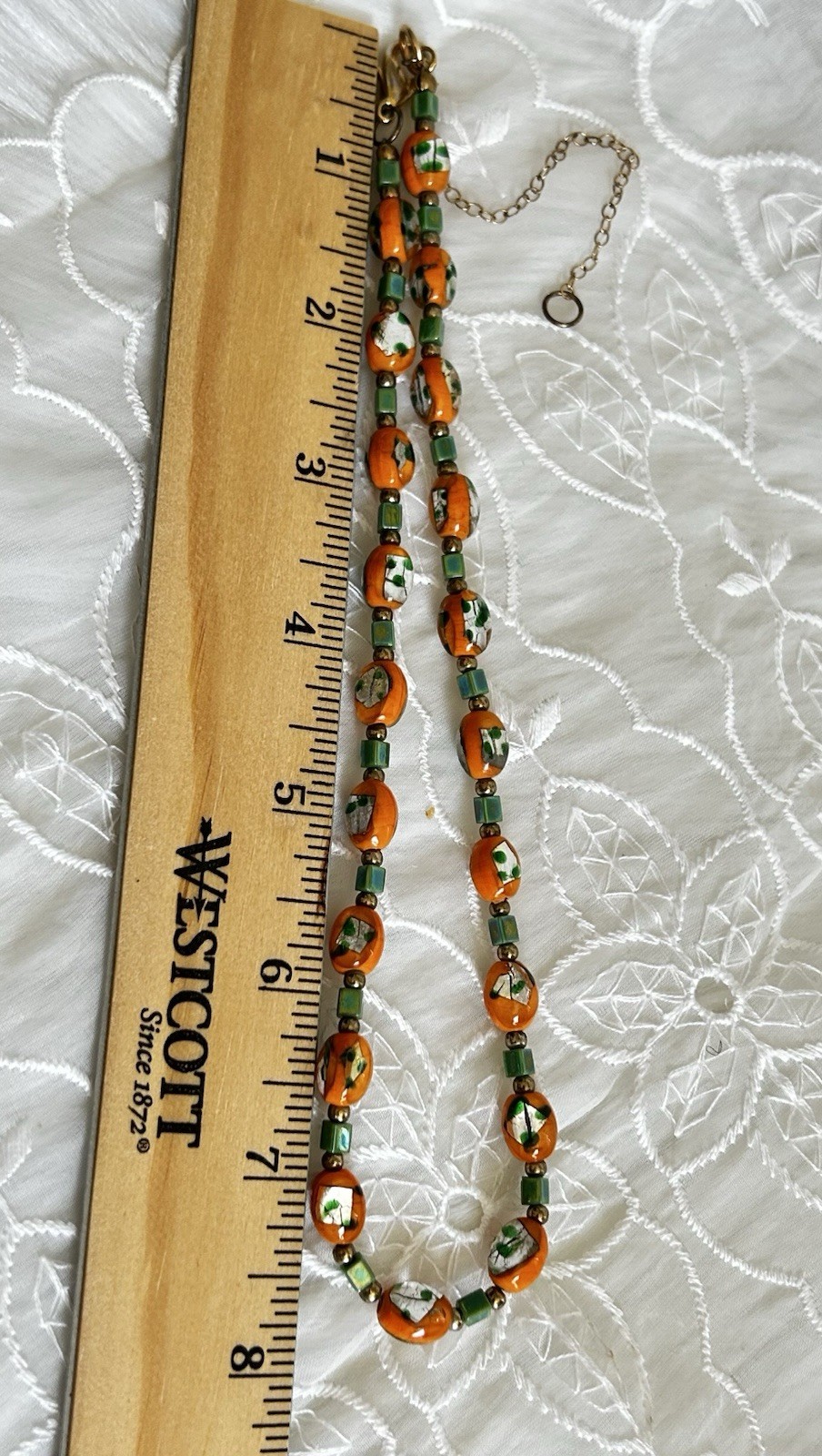 Vintage Orange Foil Art Glass Bead Necklace Green Spacers Murano Style Italy