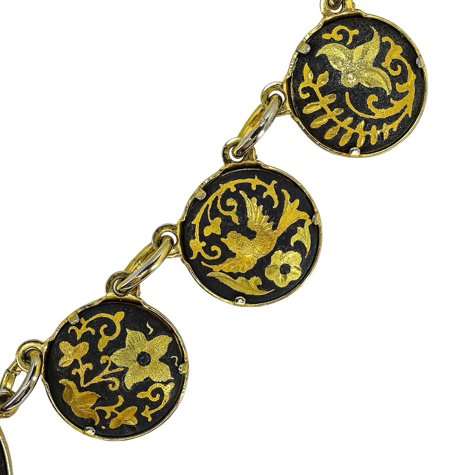 Vintage Mid Century Japanese Style Damascene Coin Charm Necklace Black Gold 18”