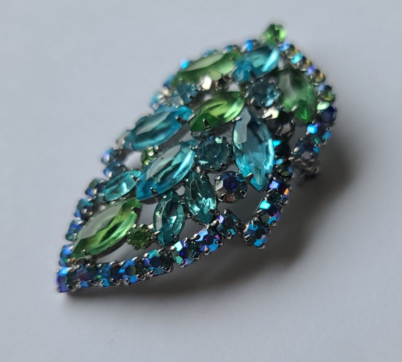 VTG MCM Aque Blue & Lime Green Rhinestone Leaf Brooch Pin (Some AB Finish)