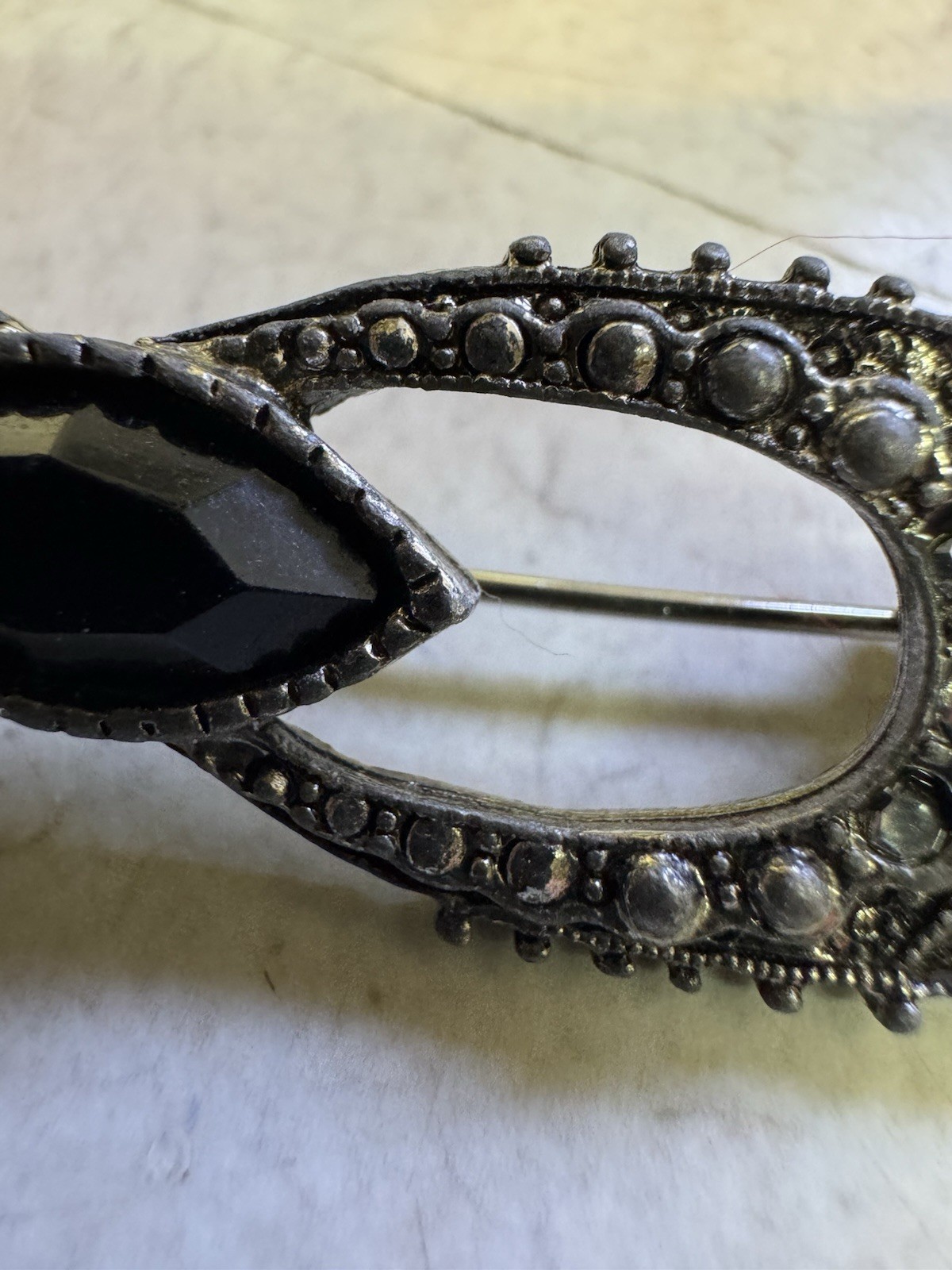 Vintage Filigree Brooch Earring Set Black Stone Bow Look Silver Tone