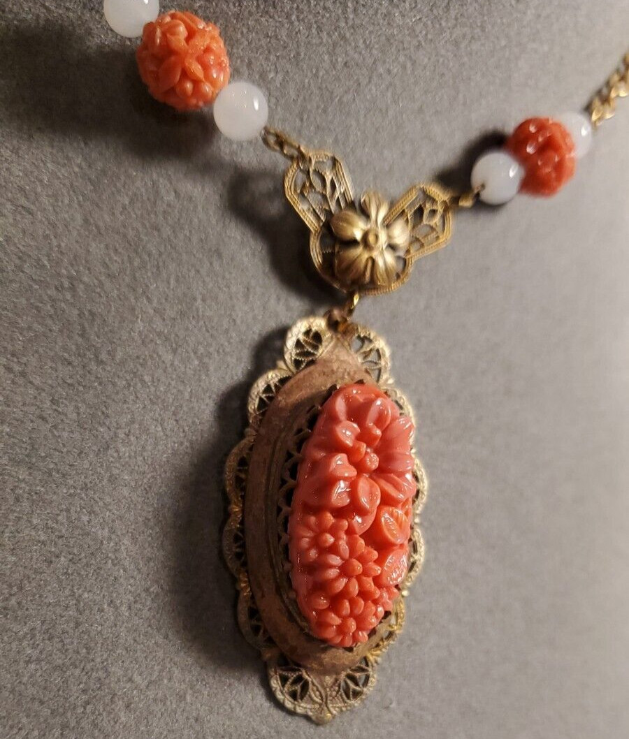 VTG ART DECO Coral Molded Glass Floral Necklace 1930s Glass & Brass 18″ Necklace