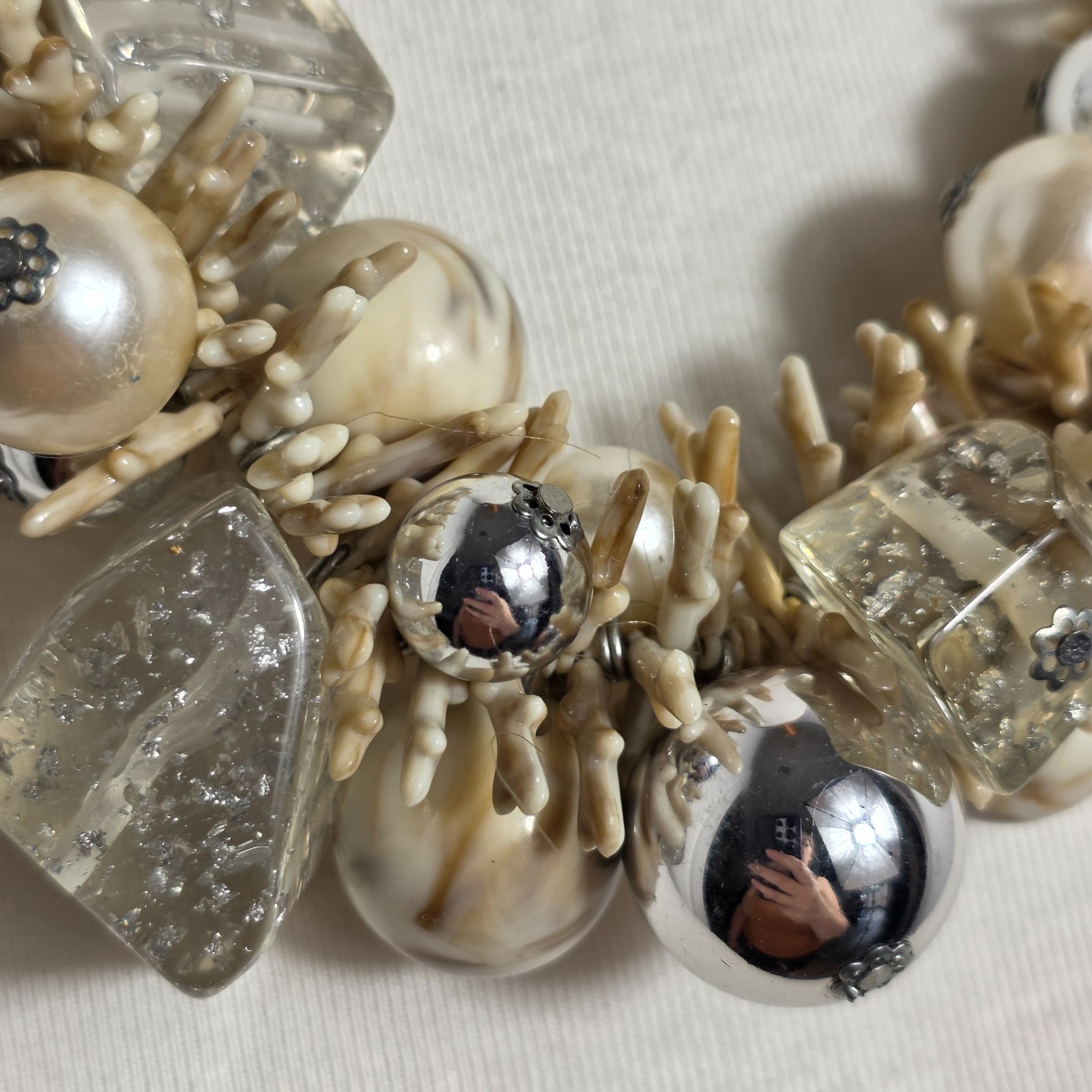 Chunky Statement Necklace Silver Chain Multi-Textured Design Silver & Cream Tone