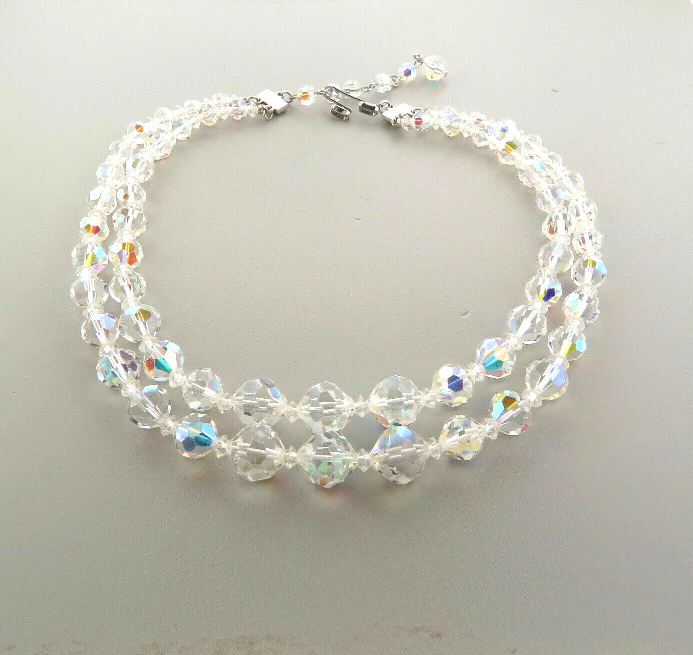 Vintage Clear Crystal Bead Necklace Double Strand 6-12mm 14*16.5 in