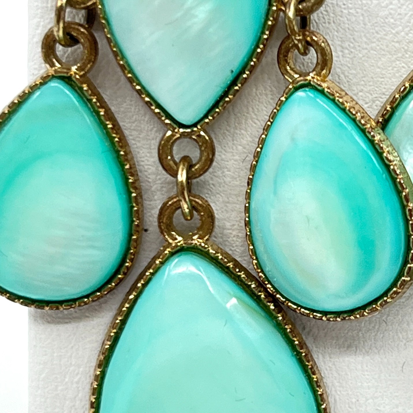Vintage Boho Gold Tone Teal Faux MoP Teardrop Chandelier Blue Dangle Earrings