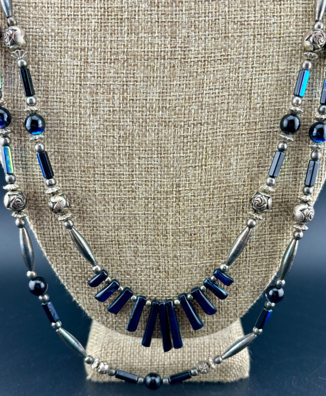 Vintage Blue Shell and Silver-Plated Beaded Necklace NK