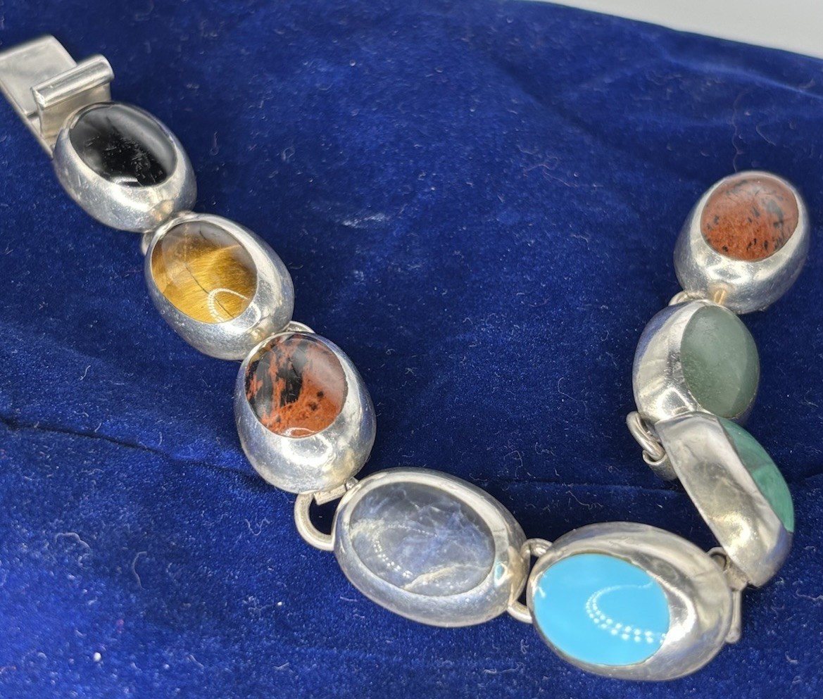 Vintage Sterling Silver And Gem Stone Bracelet Marked Mexico- Jeweler Checked!