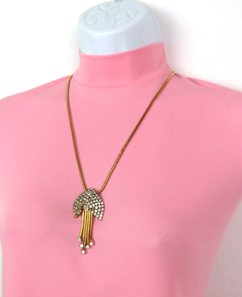 VTG 1930s – 1950s ART DECO GOLDEN CRYSTAL 5 DANGLER PENDANT NECKLACE 22 3/8″