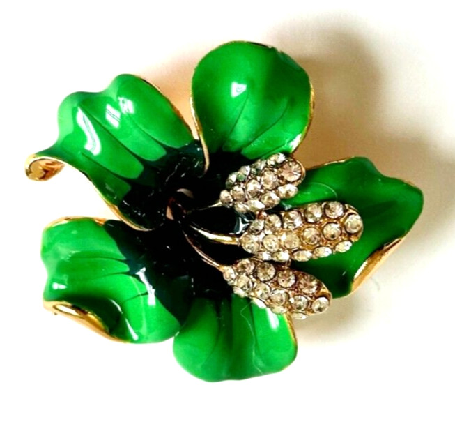 Bright & Dark Green Enamel Rhinestones Hibiscus Flower Brooch Contemporary