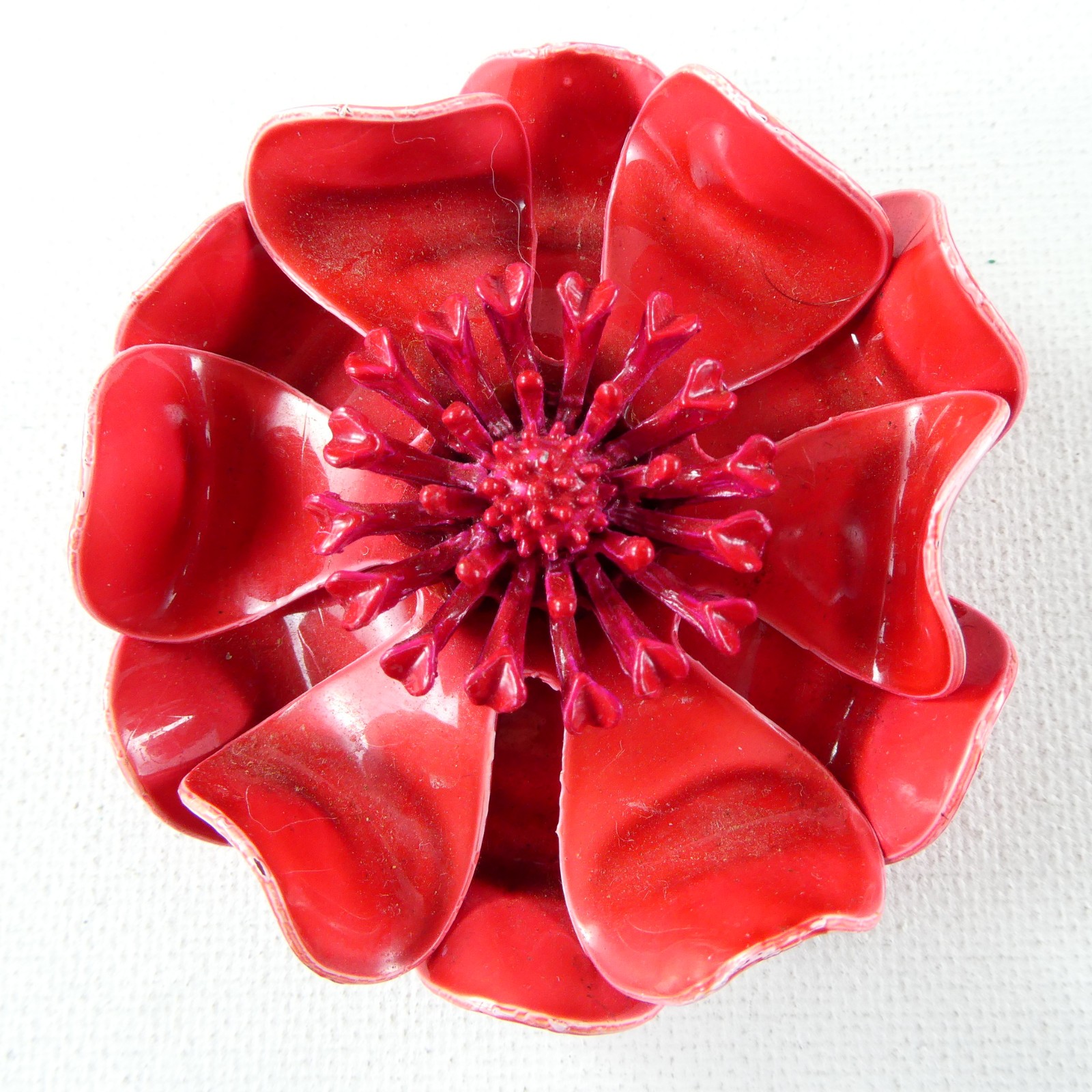 Vintage RED Metal Enamel Flower Pin Brooch Raised Petals Double Layered Retro