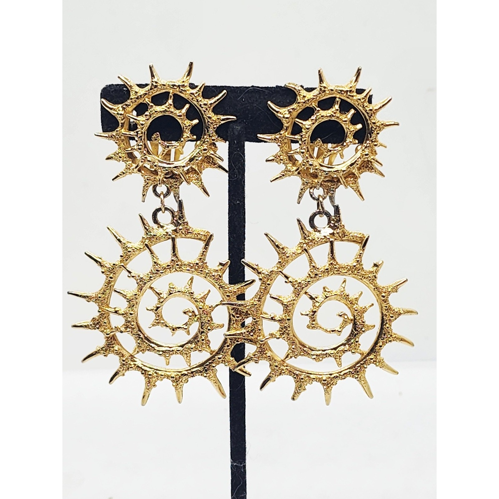 Vintage Orena Paris Sunburst Spiral Clip On Earrings Gold Tone Long Dangle