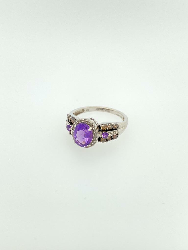Vintage JW Brine 10k White Gold Amethyst Champagne Diamond Ring Sz 7