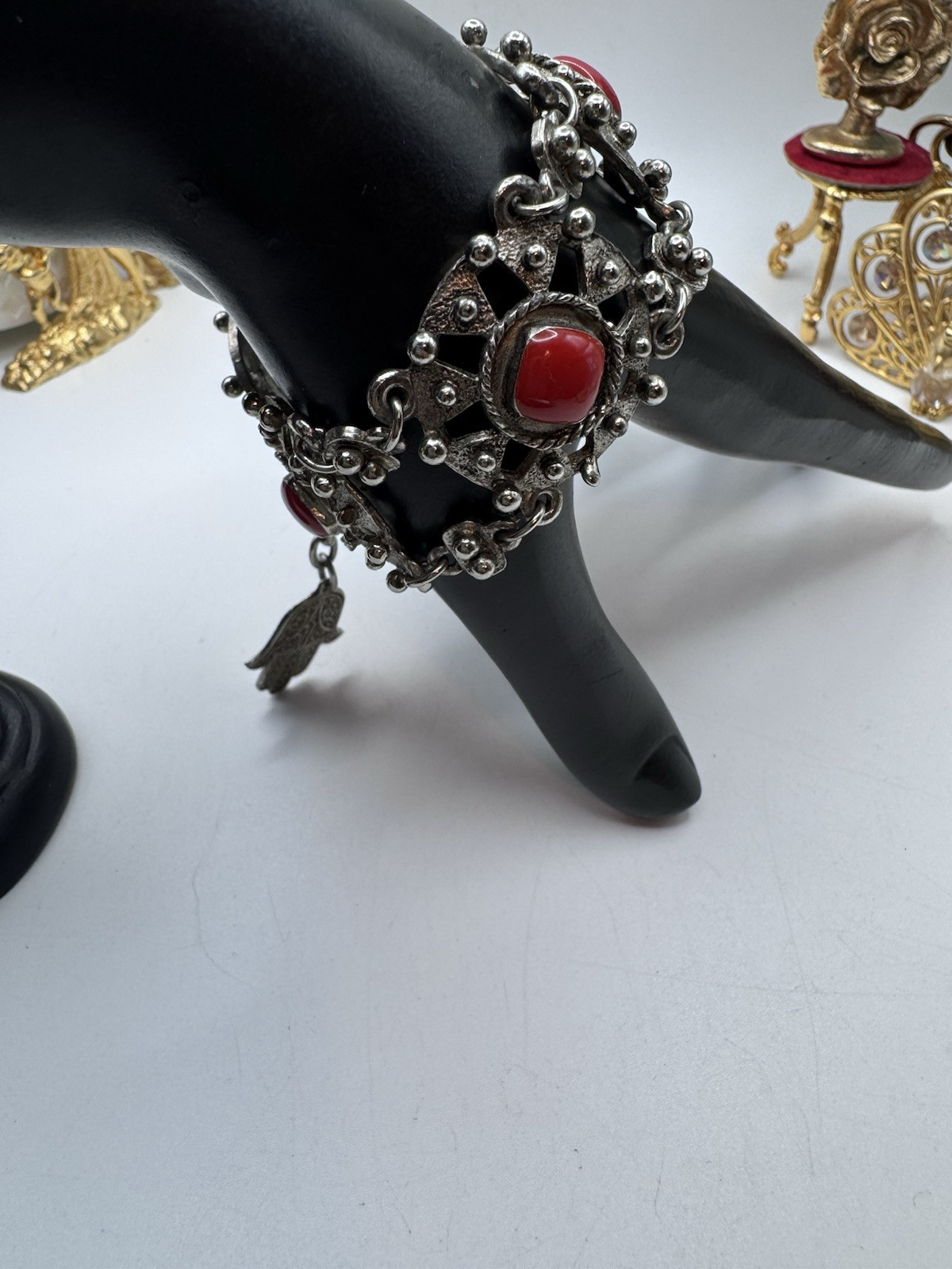 VINTAGE 60’s Silver Tone And Red Cabuchon SOUVENIR DU MAROC Moroccan Hamsa Hand