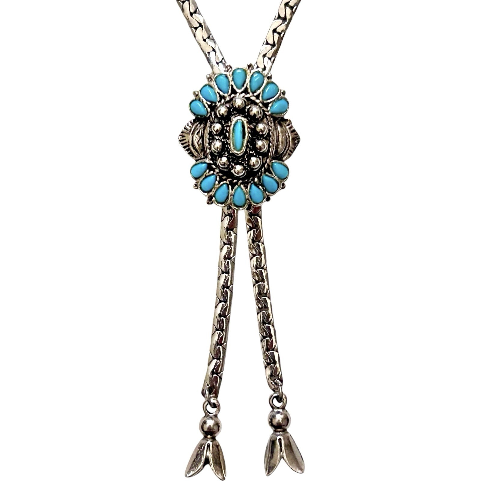 VTG Signed GOLDETTE Bolo Lariat Necklace 30” Silvertone Turquoise Southwestern