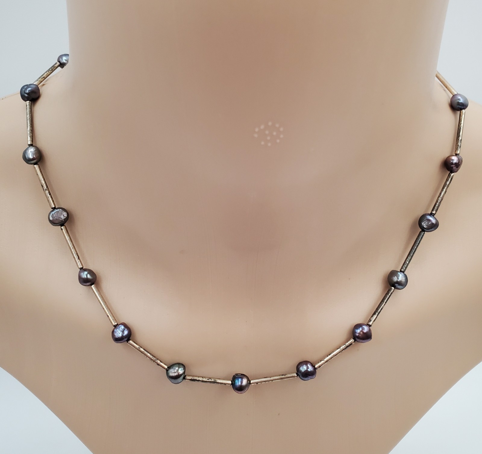 VTG 925 Peacock Pearl Necklace 16in Sterling Silver Bar Links 7g Gray Station