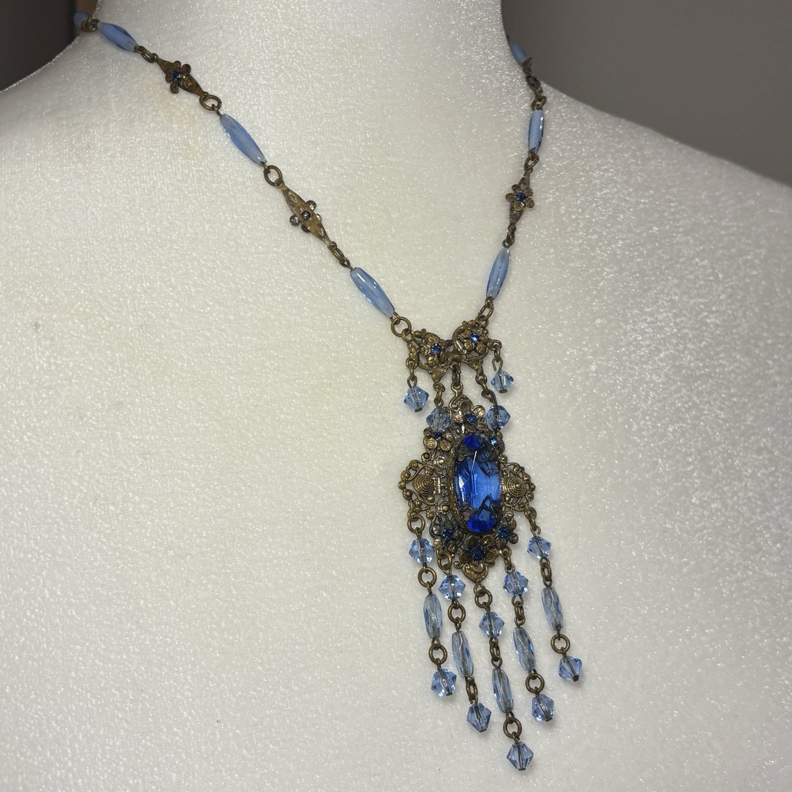 Vtg Czech Art Deco Brass Filigree Sapphire Blue Glass Fringe Festoon Necklace