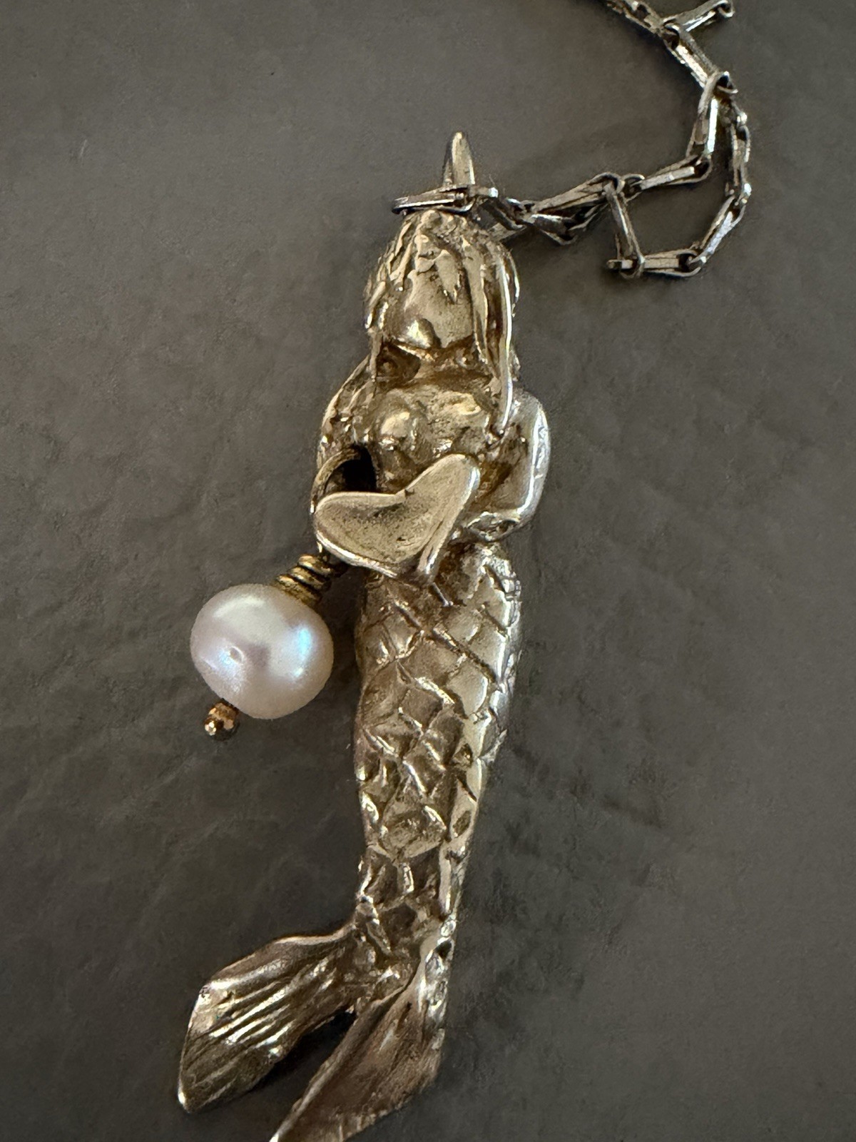 MERMAID with Pearl Gold Filled PENDANT on Gold Plate CHAIN Holding Heart