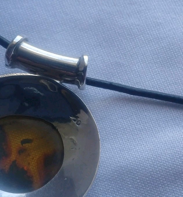 Vintage 1980’s Amber Turquoise And 950 Silver Pendant on Leather Cord