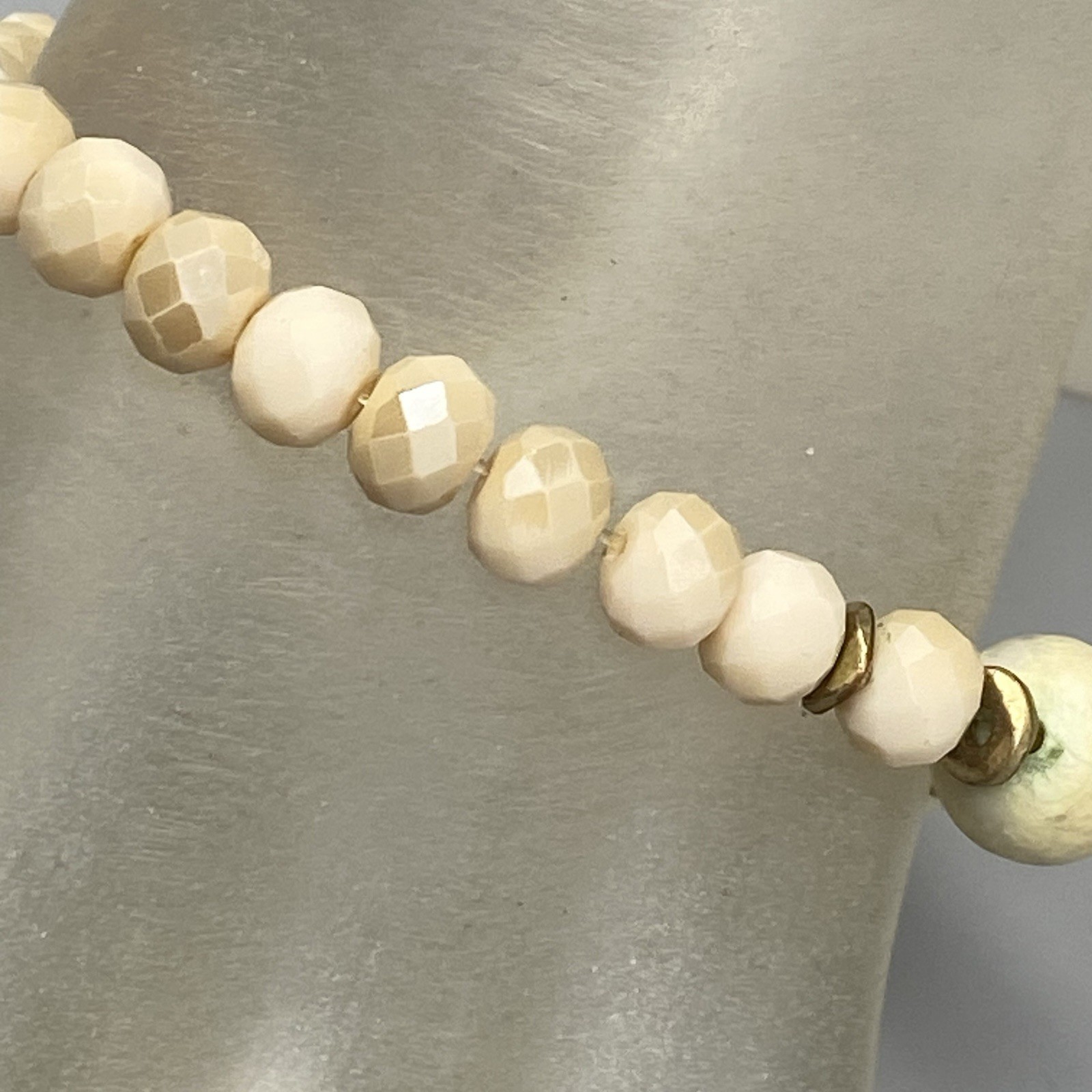 Stone Glass Bead Bracelet Cream Marble Gemstone Fire Polished Faceted Stretch 7″