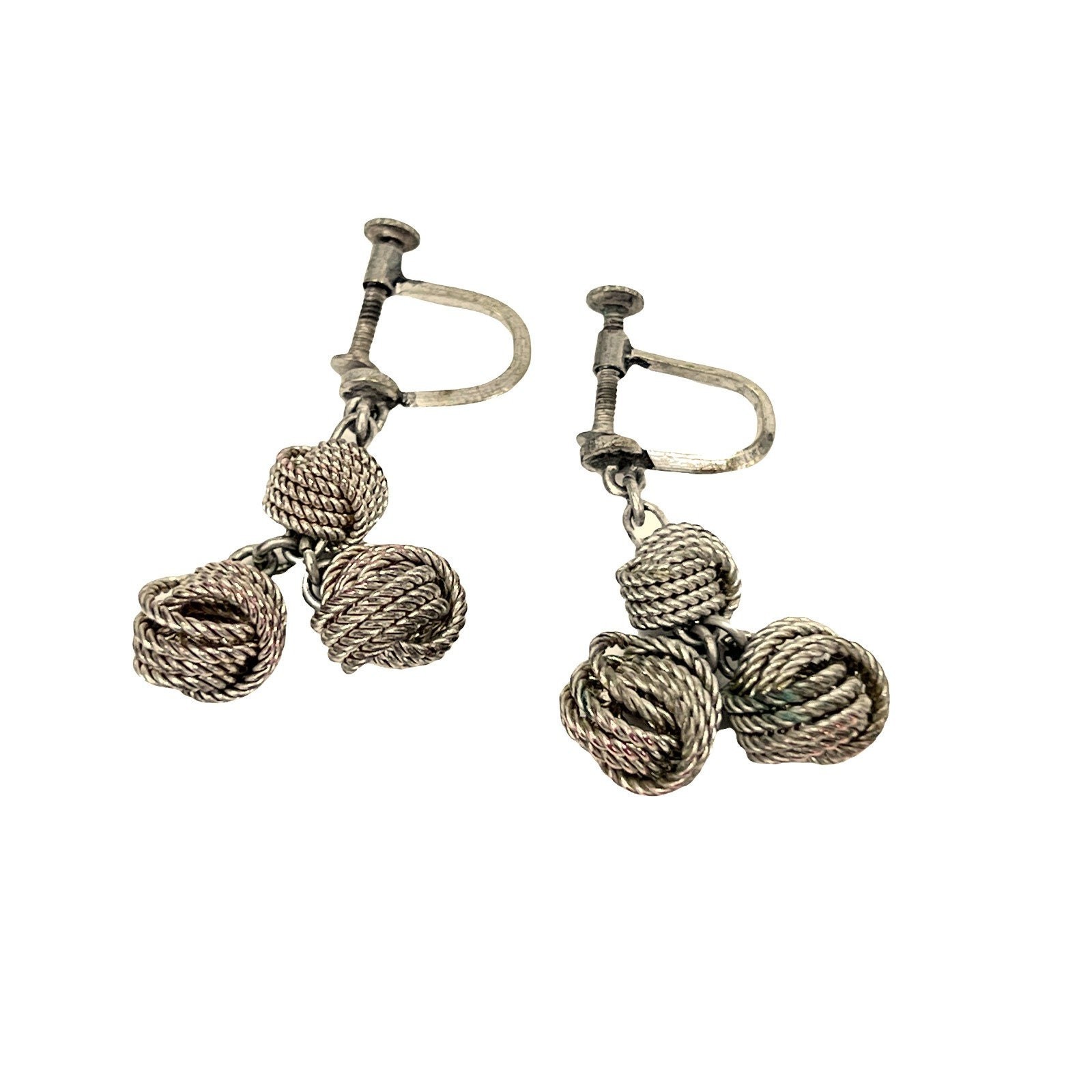 Vintage Silver Tone Triple Love Knot Dangle Earrings Screw Back