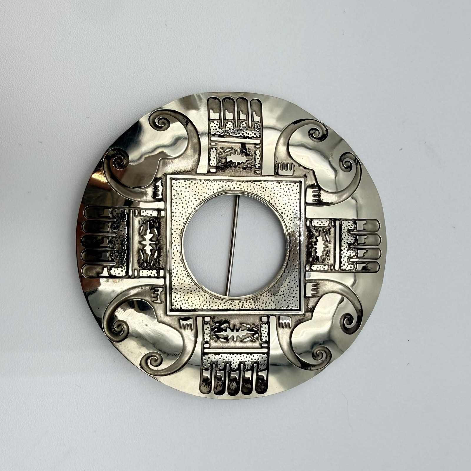 Vtg Modernist Silver Tone Large Circle Brooch Pin Abstract Brutalist Signed AC