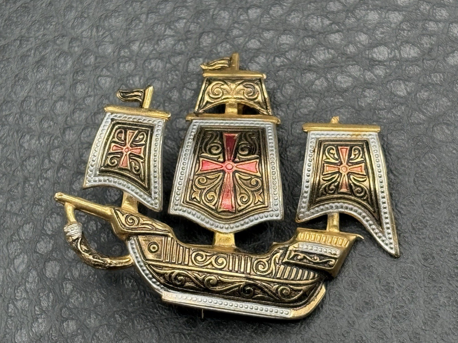Vintage Spanish Damascene Galleon Ship Cross Brooch Pin Toledo Spain Red Enamel