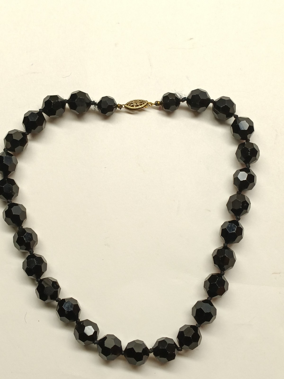 Vintage Black Onyx Faceted Beaded Necklace 64 grams 16” Gold-Tone Fishhook Clasp