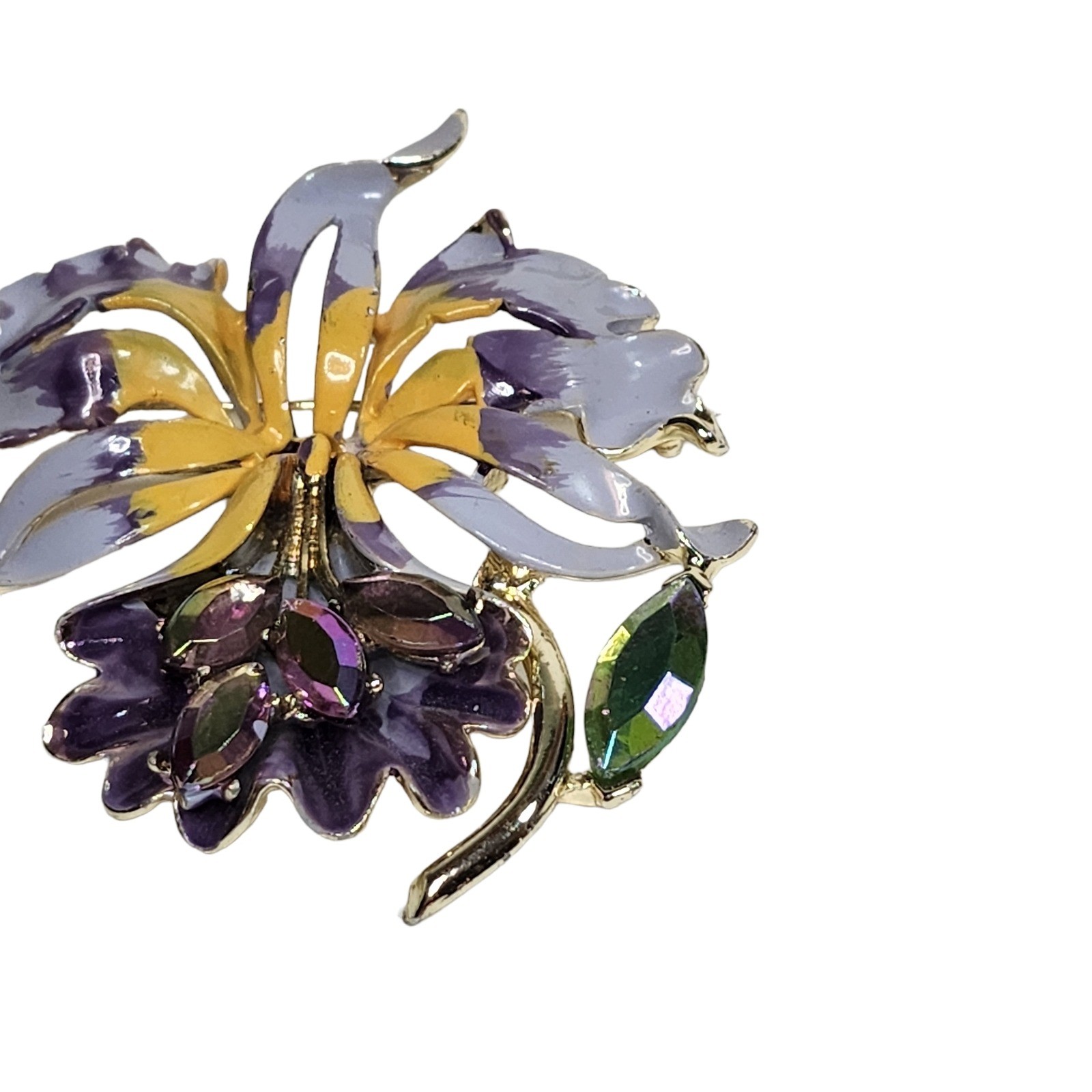 Vintage Signed B.S.K. Orchid Brooch Enamel Glass Crystal Purple Brooch Pin