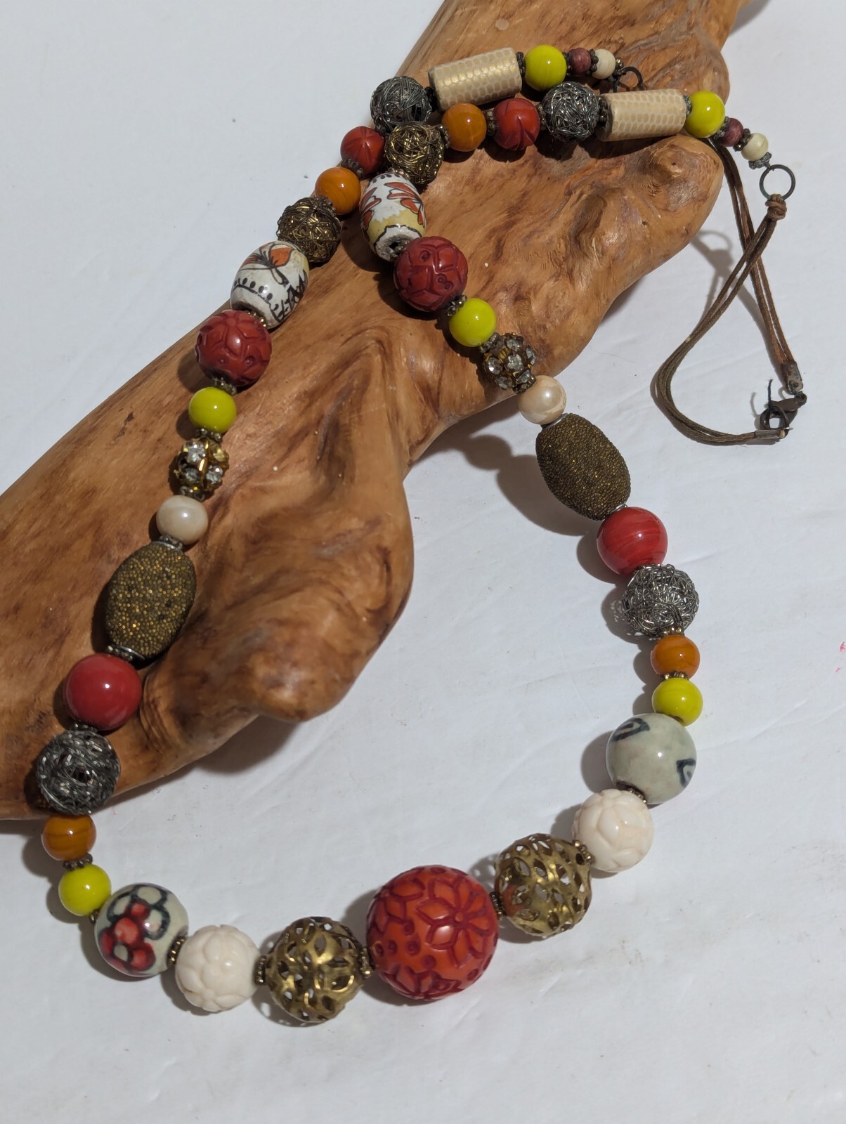 Asian Inspired 34” Long Beaded Necklace Ceramic Beads Rhinestones Wood and Glass