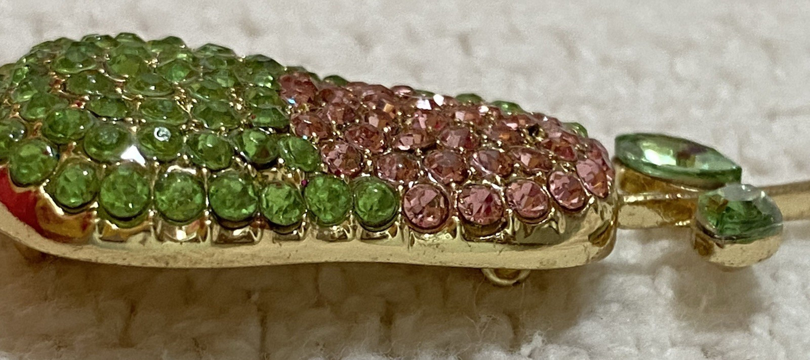 Vintage Pear Shape Pink And Green Rhinestone Gold Tone Brooch