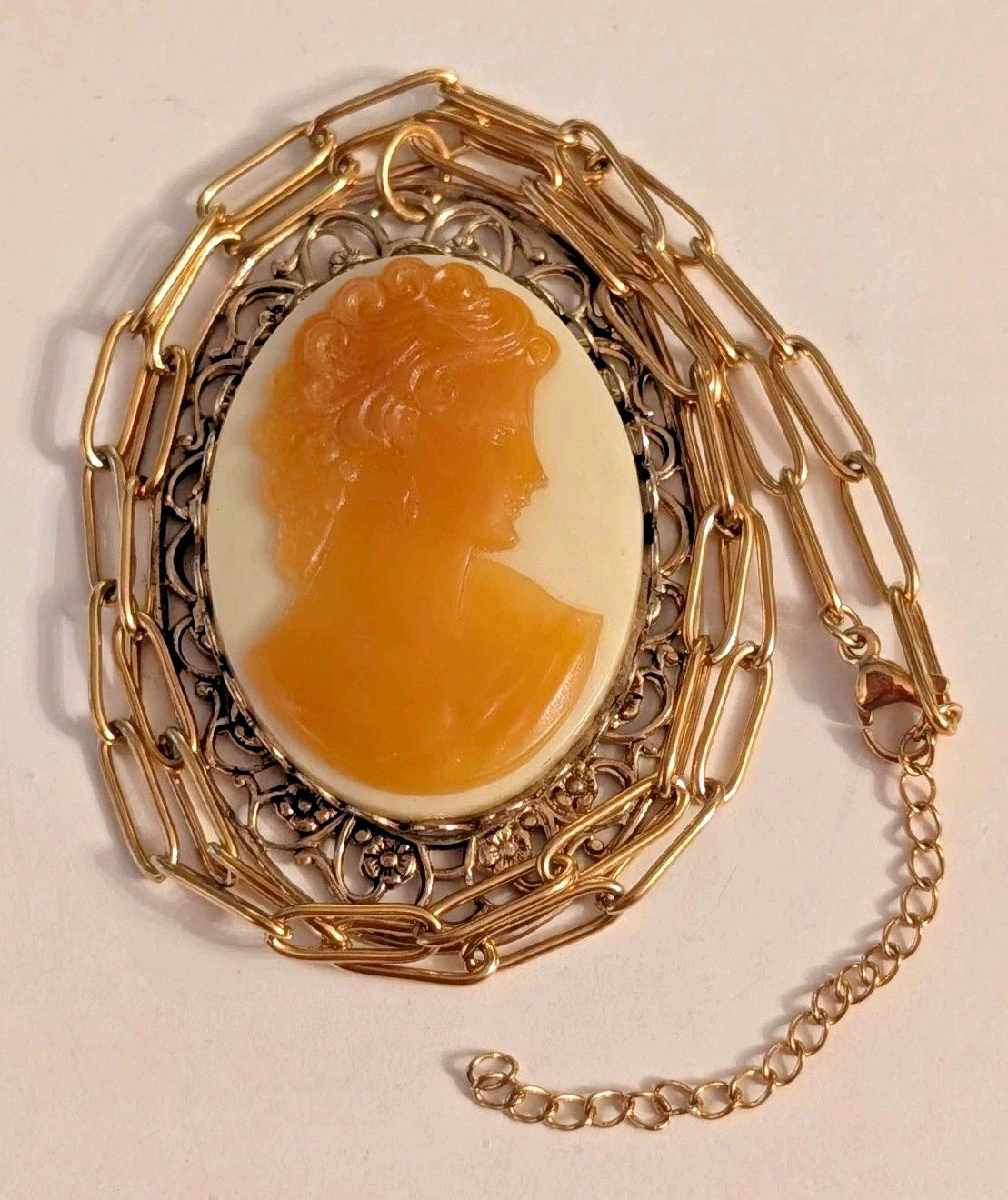 Vintage Gold Tone Cameo Pendant Orange Cream Resin Lady Profile Filigree