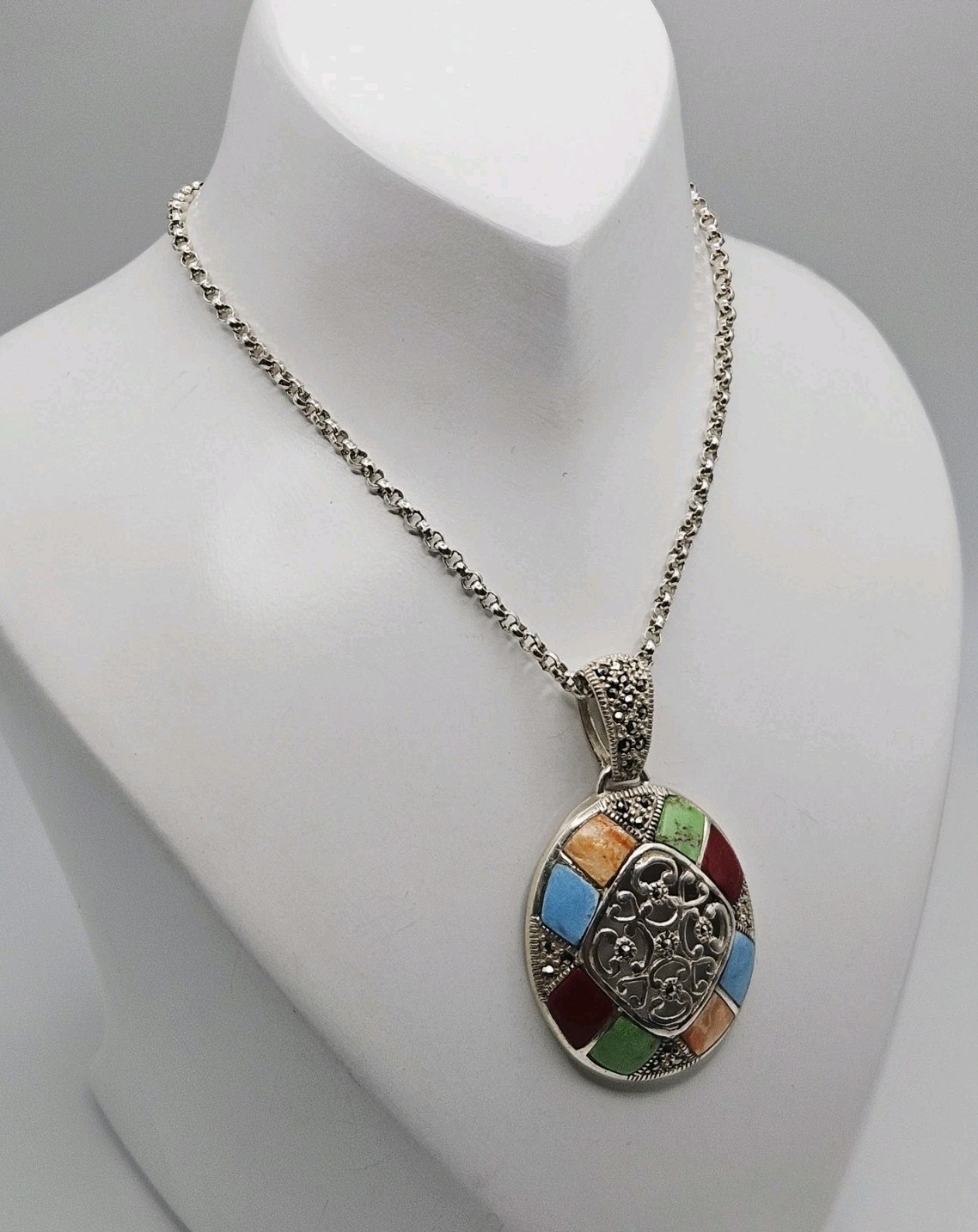 Sterling Silver Turquoise, Red Coral, Jasper & Marcasite Pendant Necklace 24″