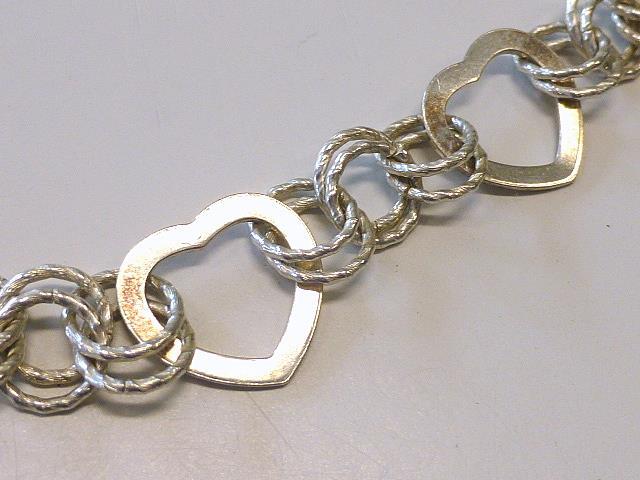 M Signed Italian 5 HEART Double Rolo Link Sterling Silver Bracelet Italy 7.5″