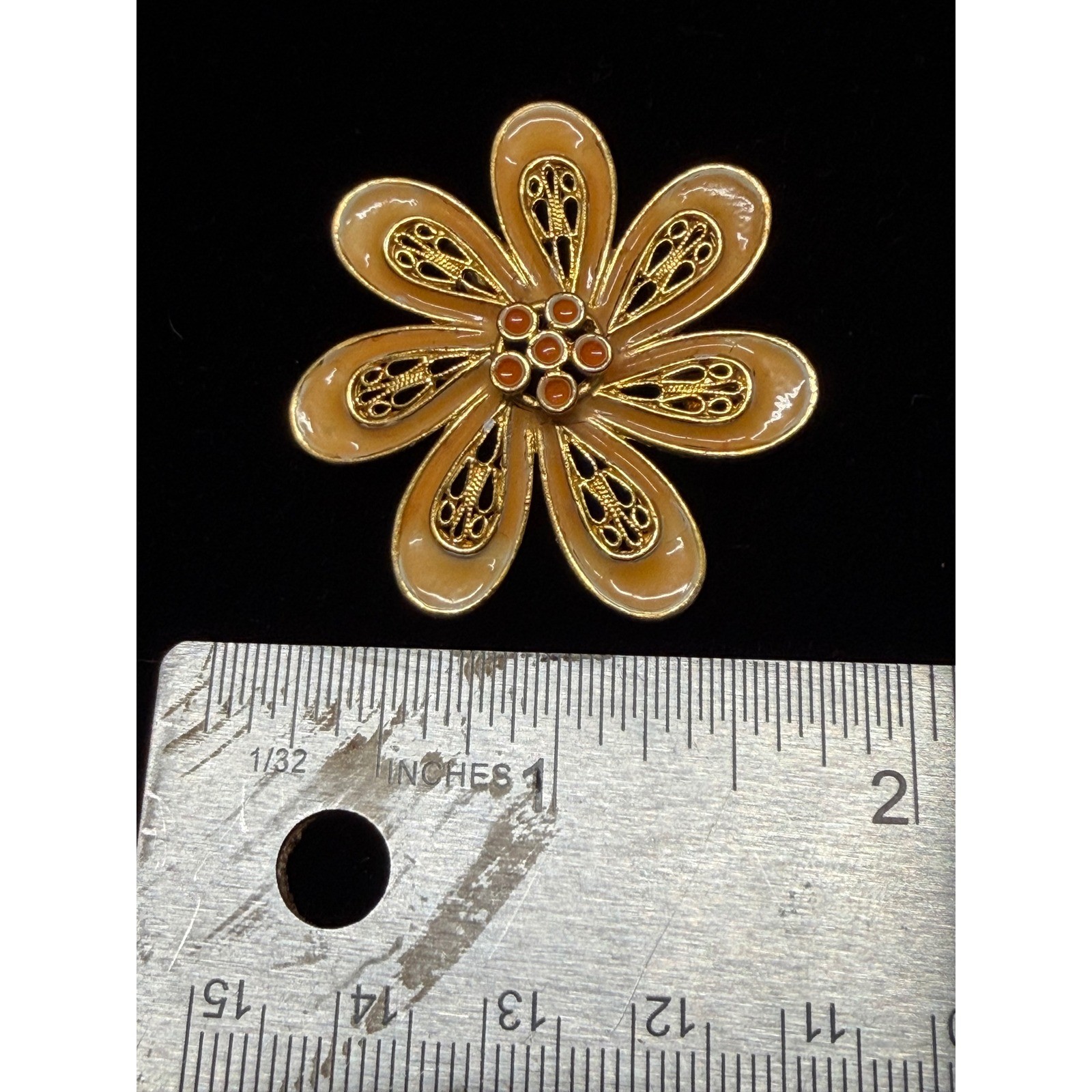 Vintage Gold Tone Peach Enamel Flower Brooch Orange Center Filigree Daisy Pin