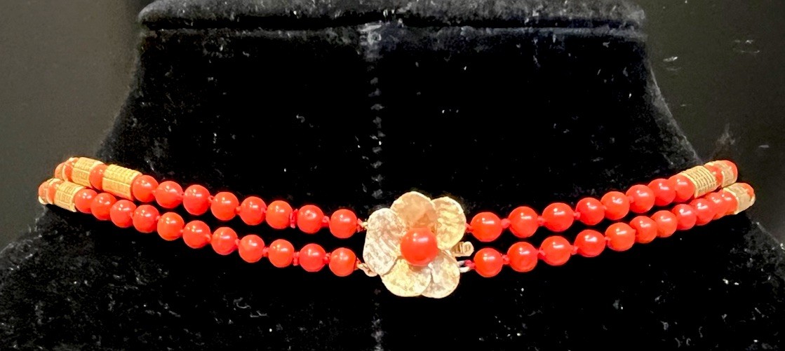 Red Coral Ox Blood Round Pearl Beads Necklace 14K Gold Clasp 2-Strands 26” 44.9g