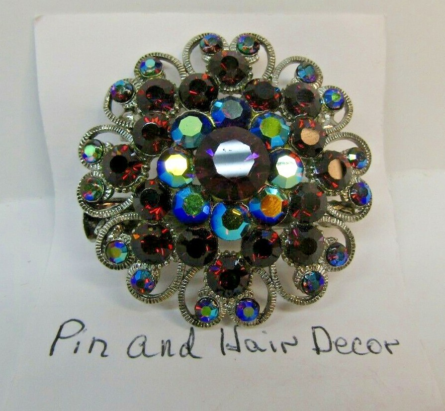 VTG Rhinestone Flower Cluster Purple Blue Tones Brooch/Hair Pin