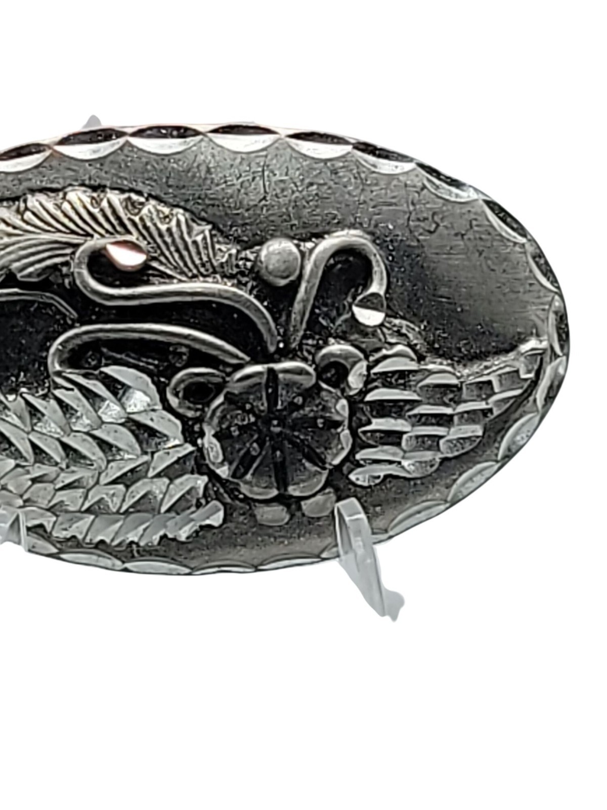 Vtg Oval Floral Feather Brooch Silver Plated Unmarked South Western Design