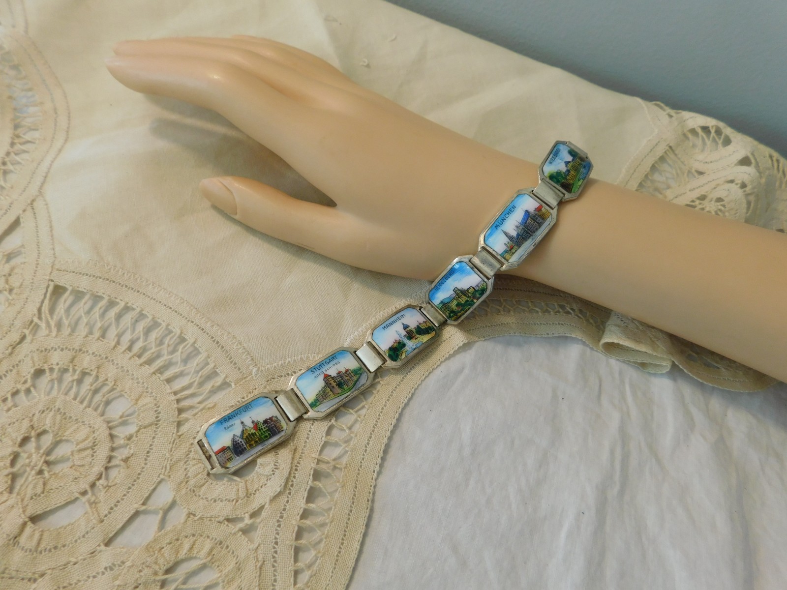 German Vintage Souvenir Panel Travel Bracelet Silver Enamel Munchen Frankfurt