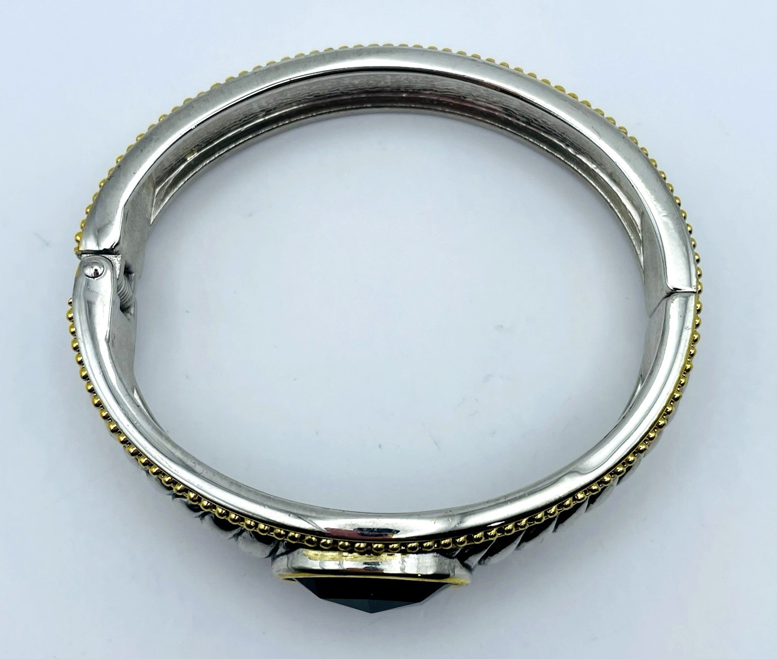 Vintage Silver and Gold Tone Hinged Bangle Bracelet Black Faceted Acrylic Stone