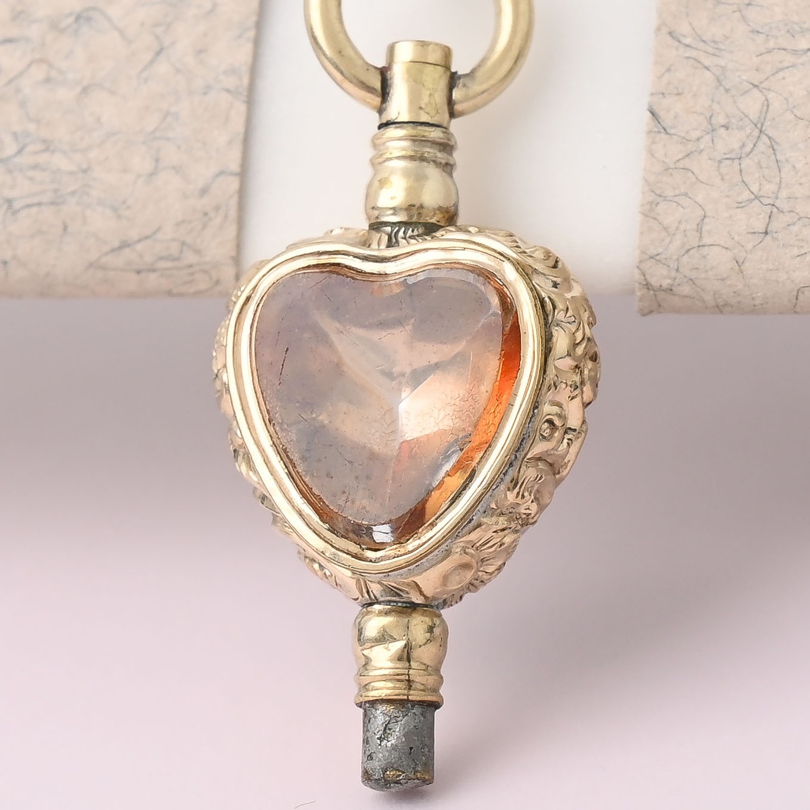 Antique Victorian HEART Peach & Bloodstone Gold Filled Key Fob Charm Pendant