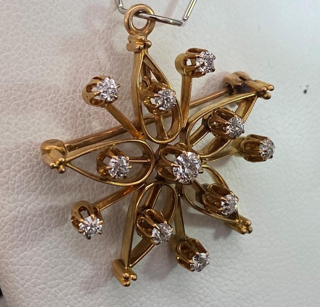 14k Yellow Gold Diamond Convertible 1″ Pin Pendant Brooch c1900 BP21