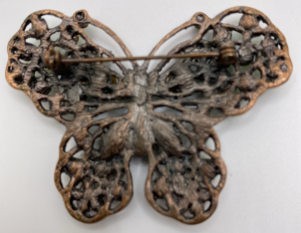 Butterfly Brooch Pin With Green and Pink Rhinestones Vintage