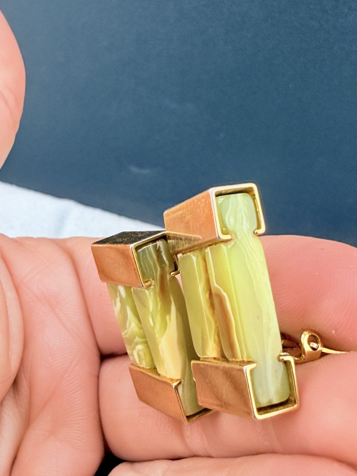 Vintage Orena Paris Earrings Green Lucite Gold Tone Signed