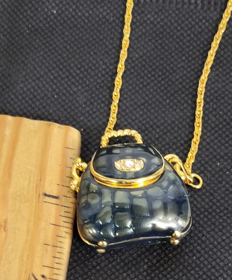 Vintage Enamel Purse Necklace stamped 1990 Goldtone & Blue