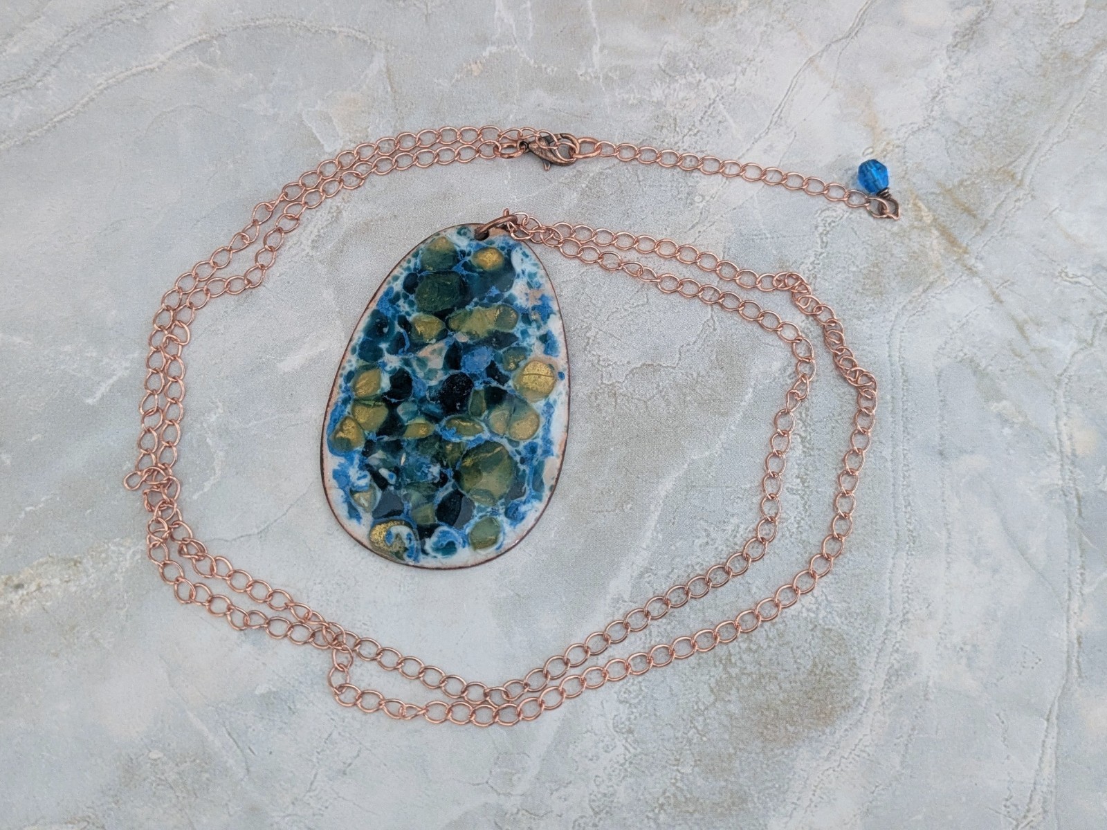 Vintage Enamel on Copper Turquoise Pendant Necklace, Mid Century Modern, 2.5″