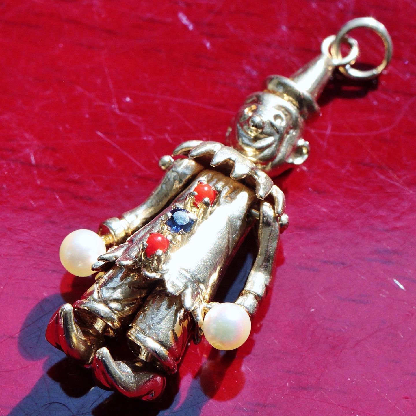 14k yellow gold 3.5mm cultured pearl sapphire 3D movable clown pendant heated 8g