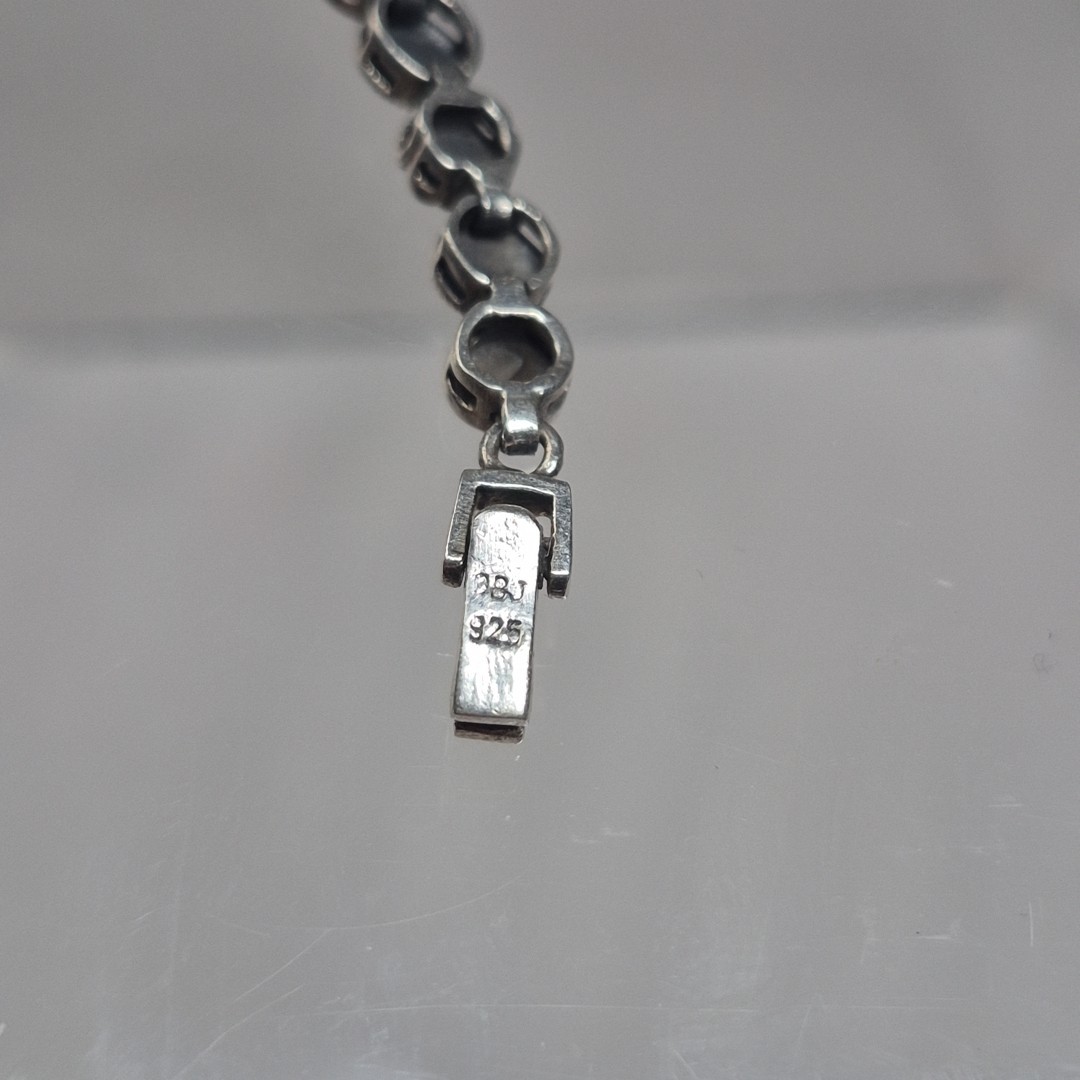 DBJ Vtg Sterling Silver 925 Marcasite Black Enamel Link Tennis Bracelet 7.5″