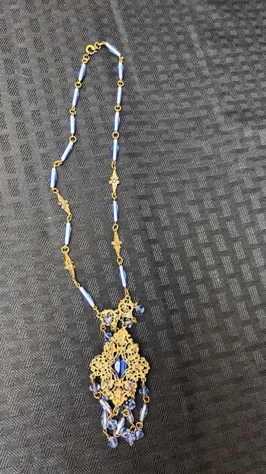 Vtg Czech Art Deco Brass Filigree Sapphire Blue Glass Fringe Festoon Necklace