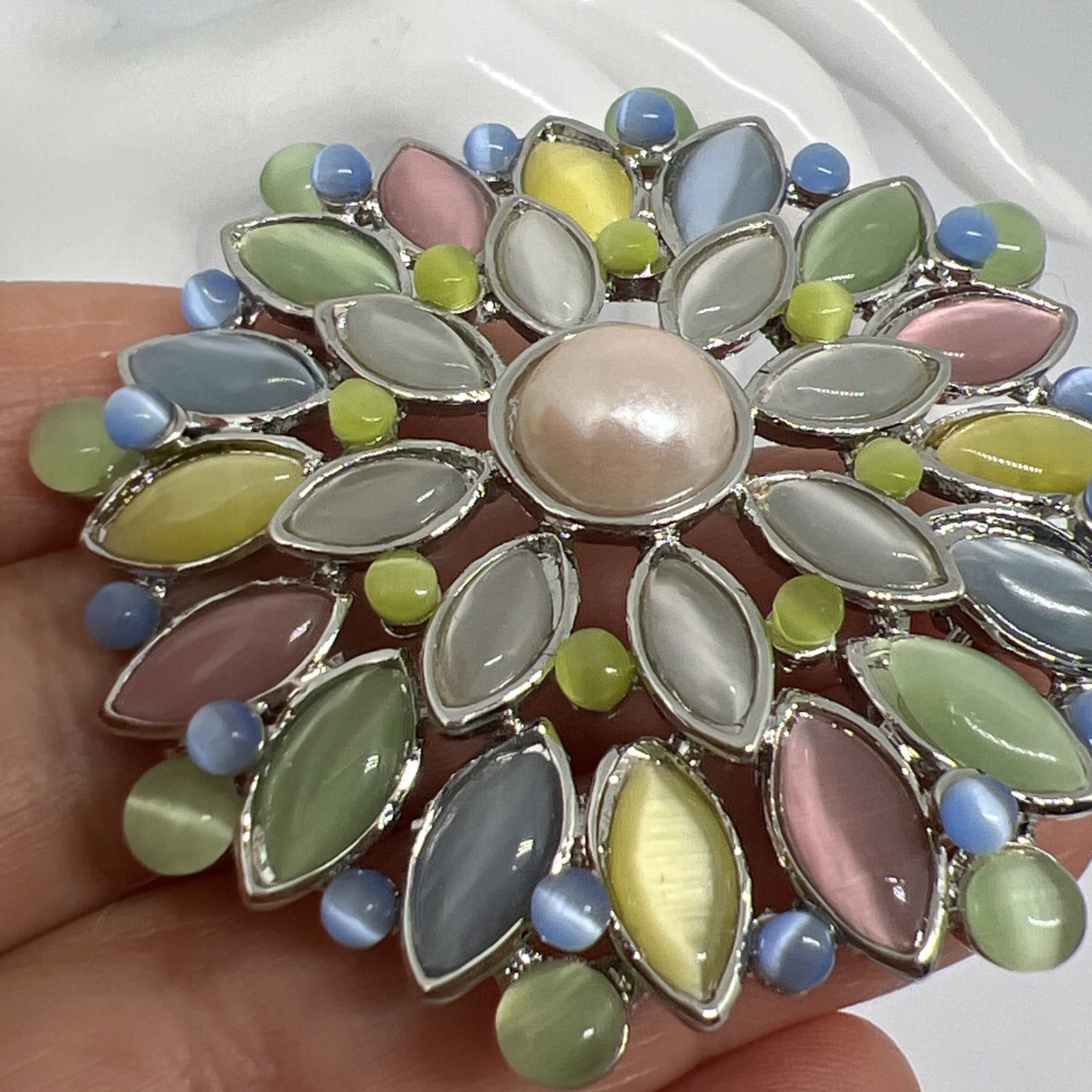 Pastel Multi-color Moonglow Lucite Faux Pearl Light Blue Rhinestone
