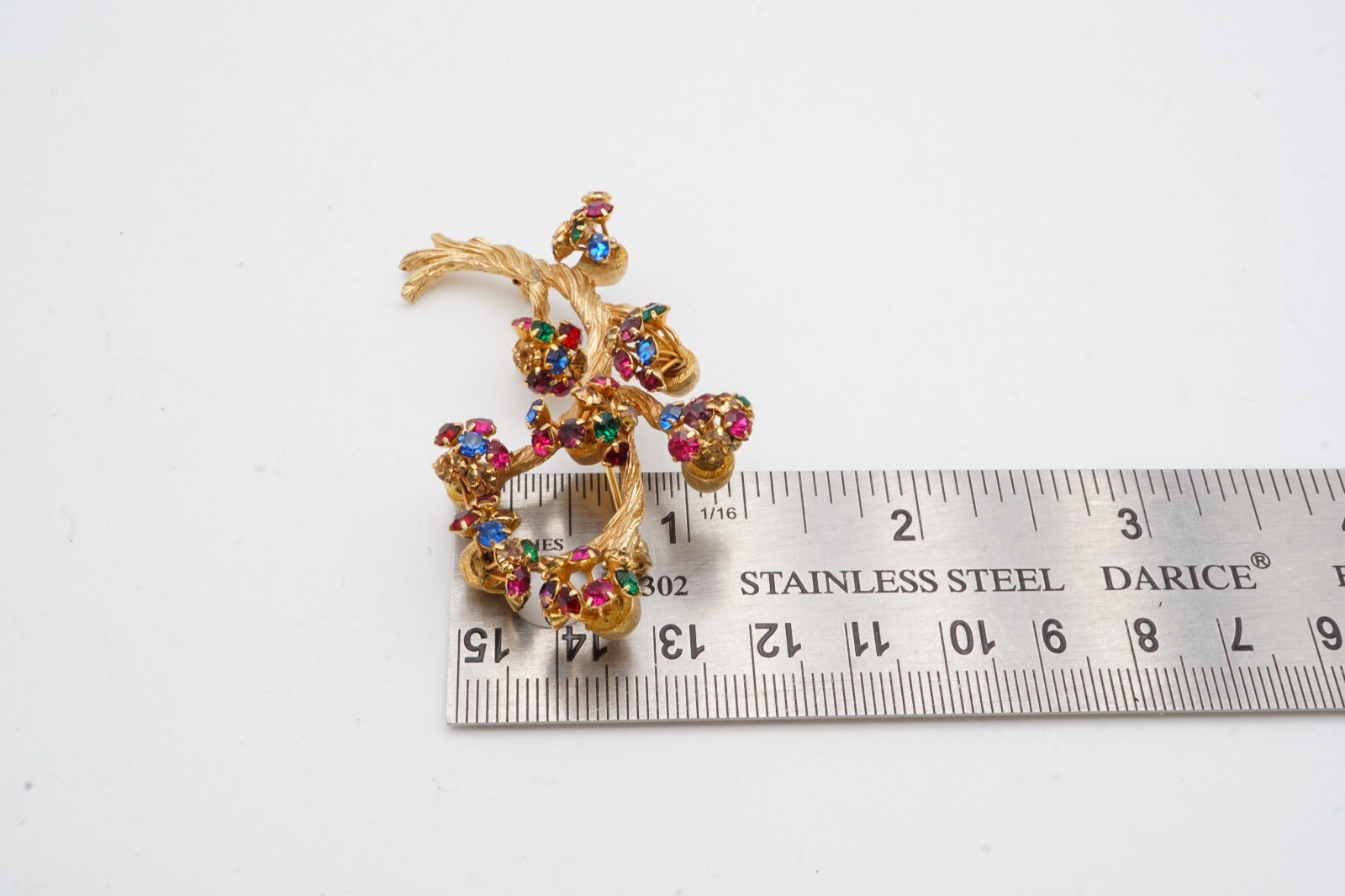 Vintage Brooch Pin Gold Tone Rhinestone Branch Blue Green Red