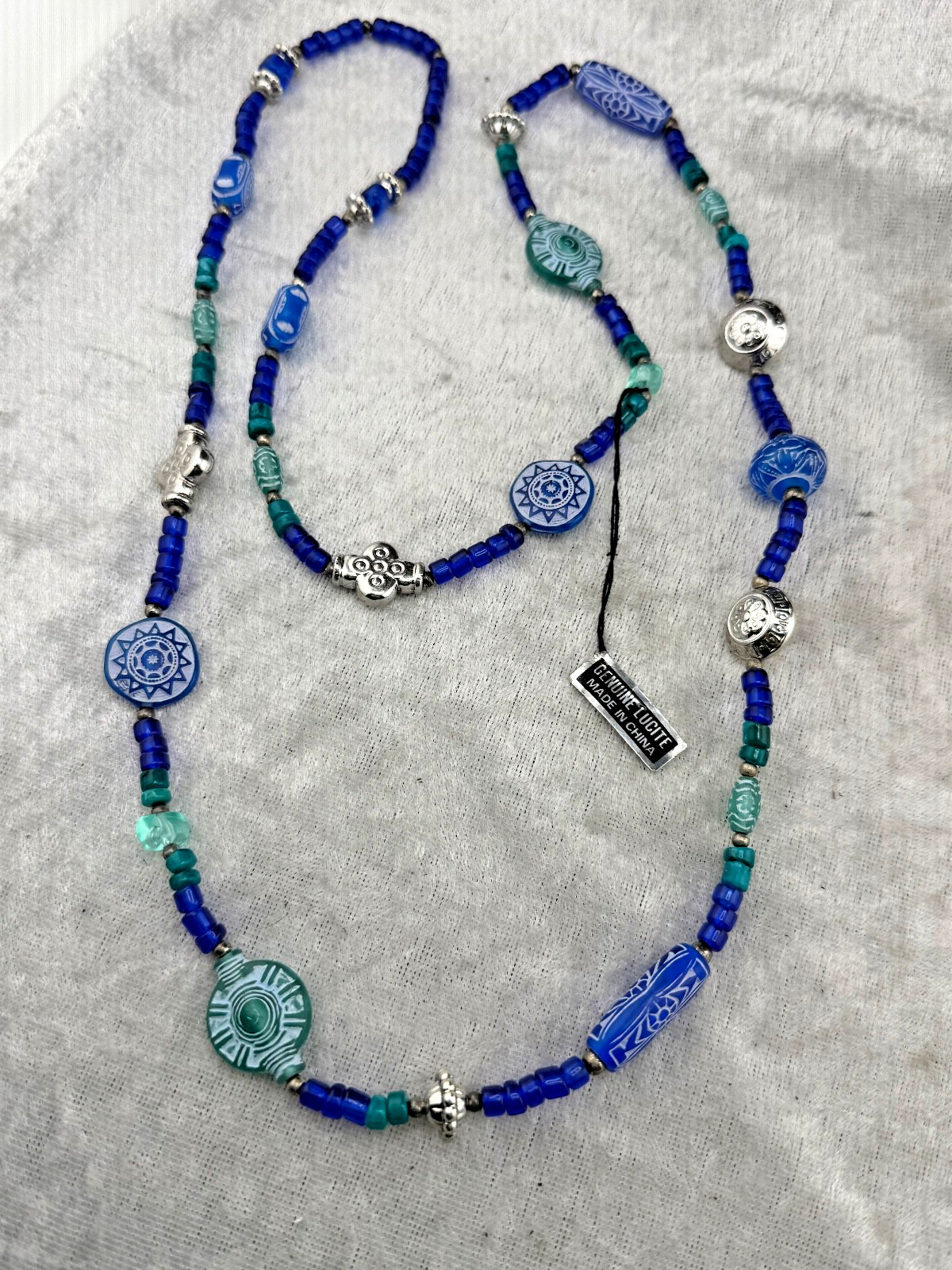 Vintage Lucite Necklace Blue Tones Green Opera Flapper Tropical 36”